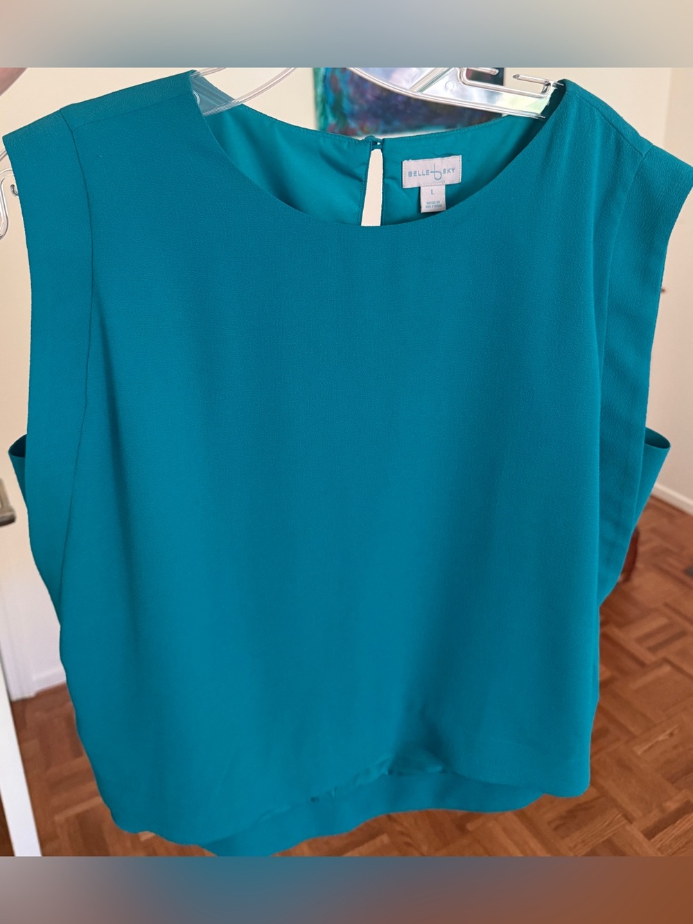 BELLE + SKY Top Teal Cap-Sleeve Round-Neck Crepe Shell  Sz L